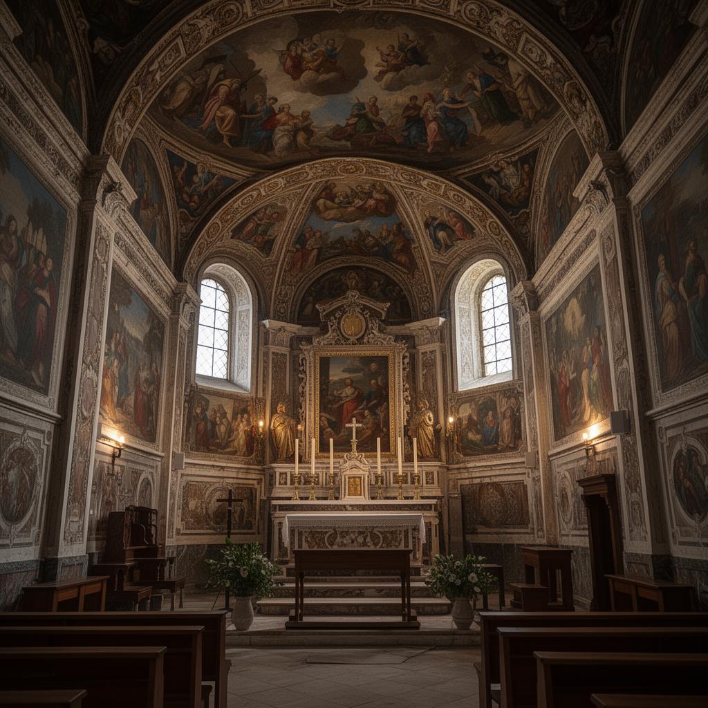Baroque paintings by Tripo Kokolja inside Our Lady of the Rocks church, Perast