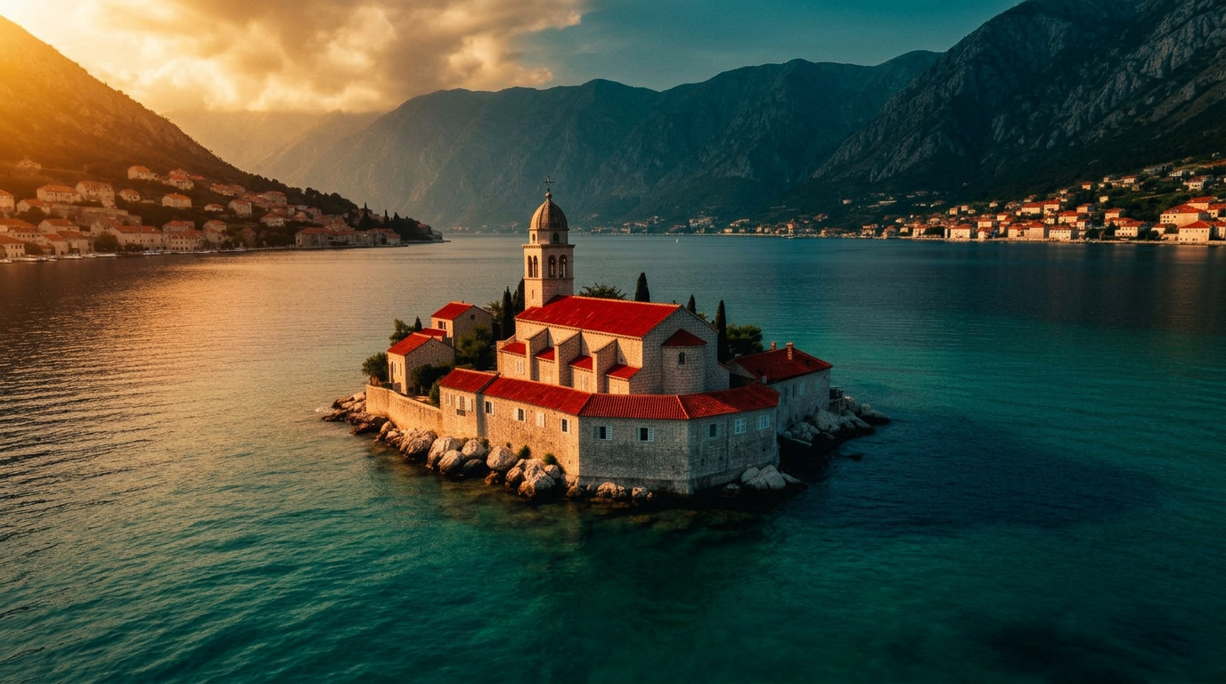 Our Lady of the Rocks island church at golden hour, Bay of Kotor, Montenegro